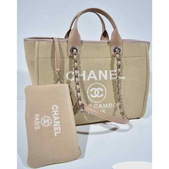 Chanel 22S Deauville Beige Large Shopping 30cm 2Way Silver Chain Handle Tote Bag - Picture 2 of 12